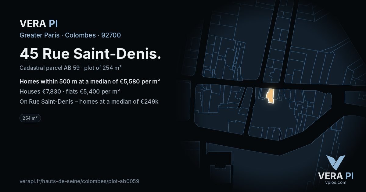 45 Rue Saint-Denis, Colombes at night – the plot lit, the parcels around coloured by the prices near them