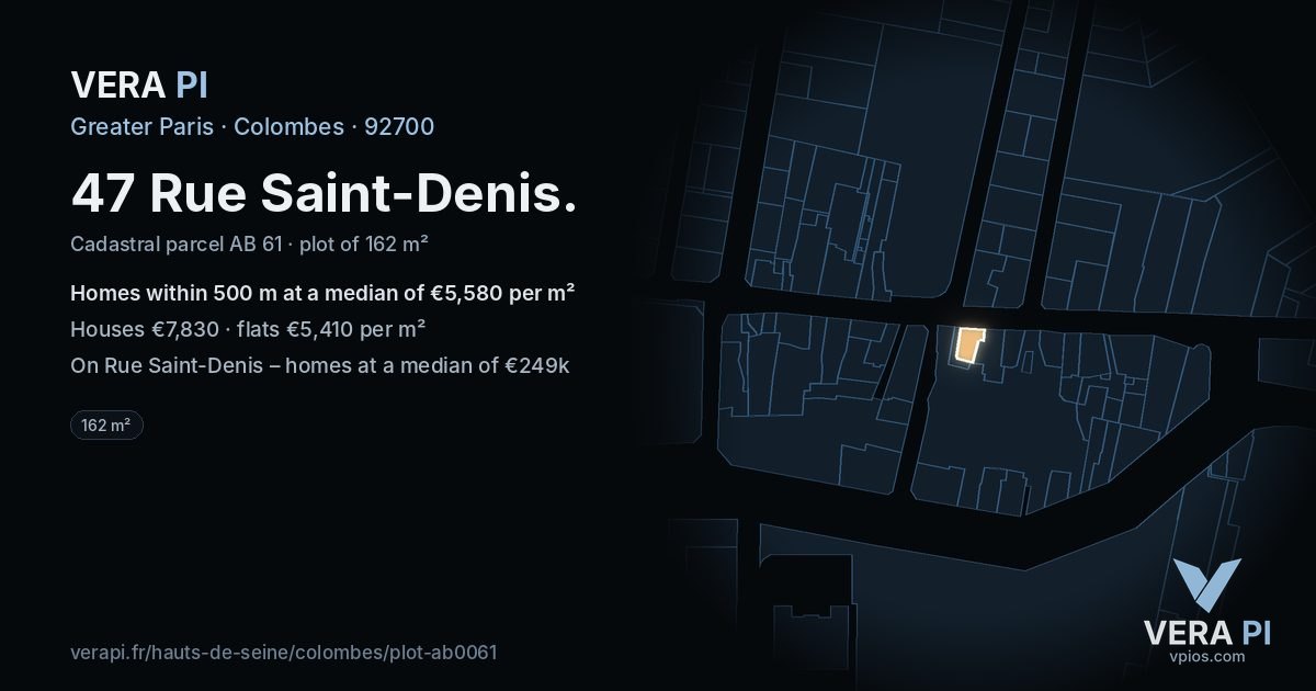 47 Rue Saint-Denis, Colombes at night – the plot lit, the parcels around coloured by the prices near them