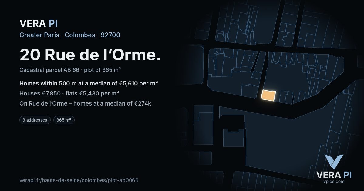 20 Rue de l’Orme, Colombes at night – the plot lit, the parcels around coloured by the prices near them