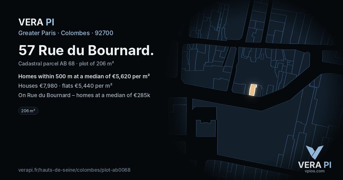 57 Rue du Bournard, Colombes at night – the plot lit, the parcels around coloured by the prices near them