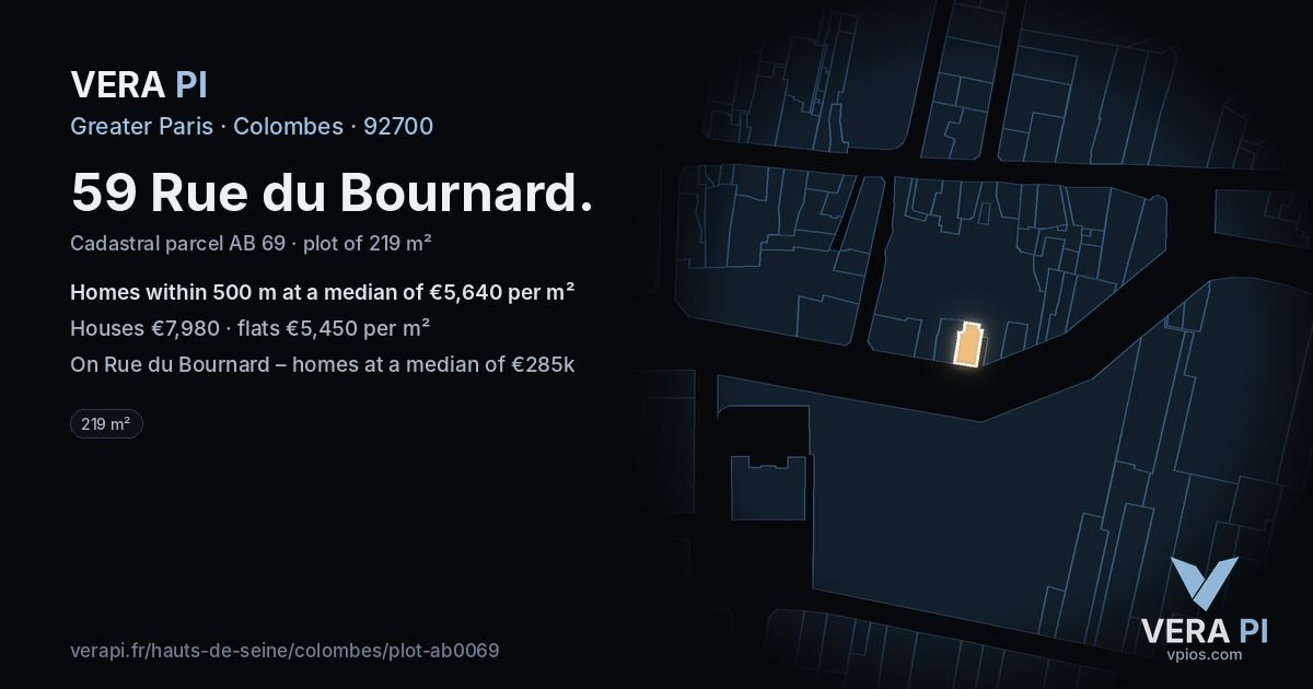 59 Rue du Bournard, Colombes at night – the plot lit, the parcels around coloured by the prices near them