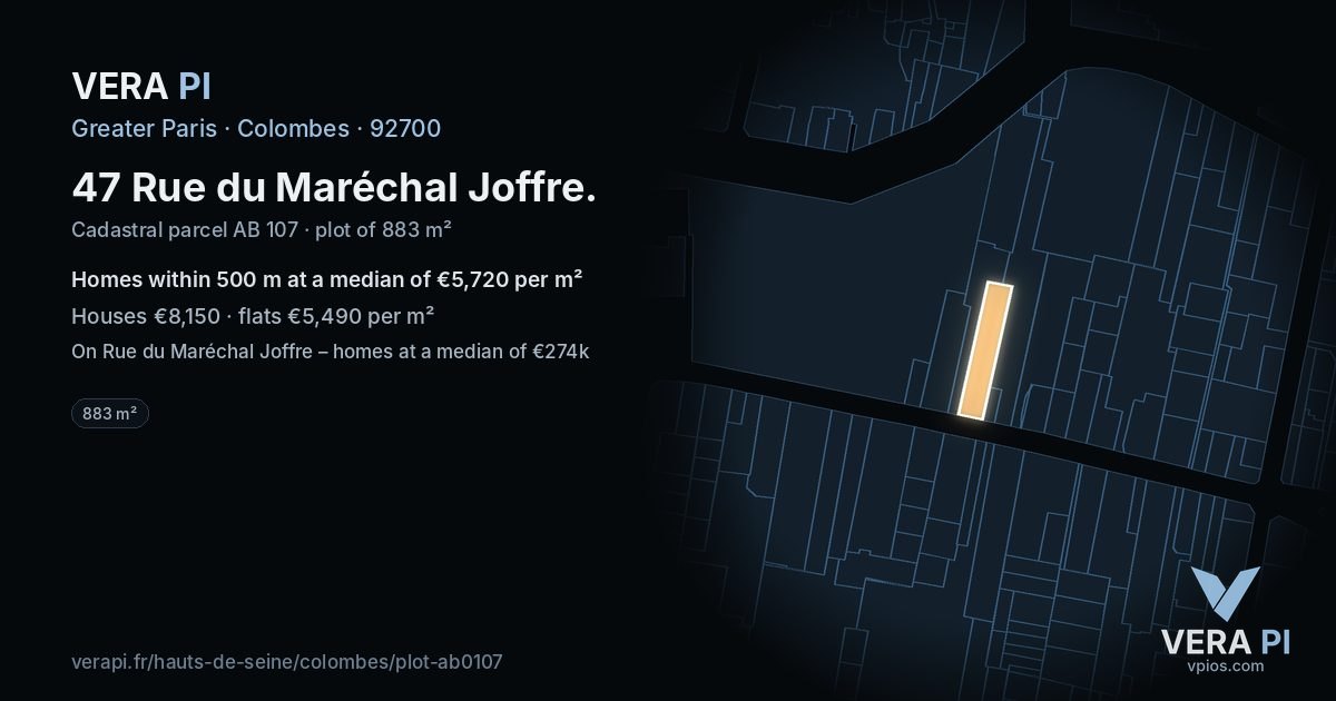 47 Rue du Maréchal Joffre, Colombes at night – the plot lit, the parcels around coloured by the prices near them