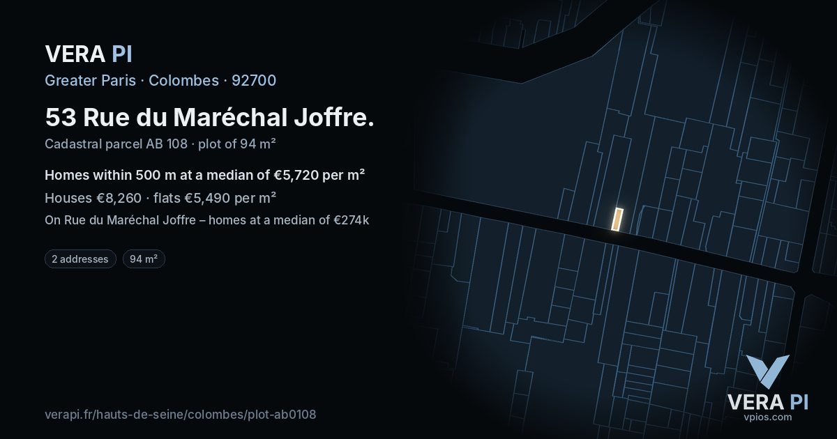 53 Rue du Maréchal Joffre, Colombes at night – the plot lit, the parcels around coloured by the prices near them
