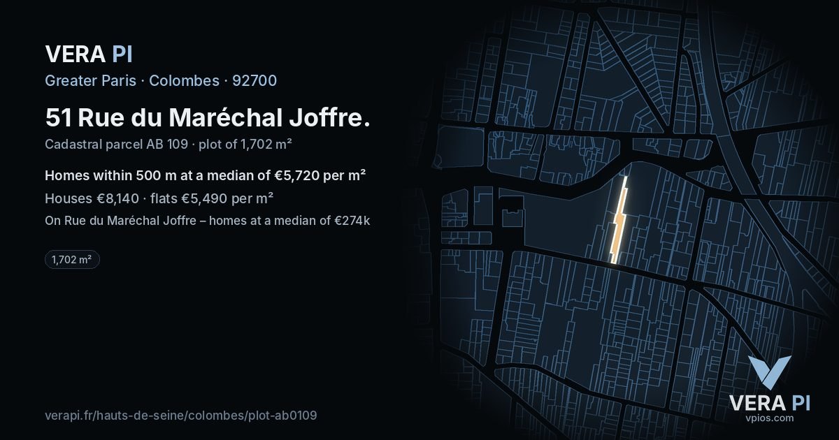51 Rue du Maréchal Joffre, Colombes at night – the plot lit, the parcels around coloured by the prices near them