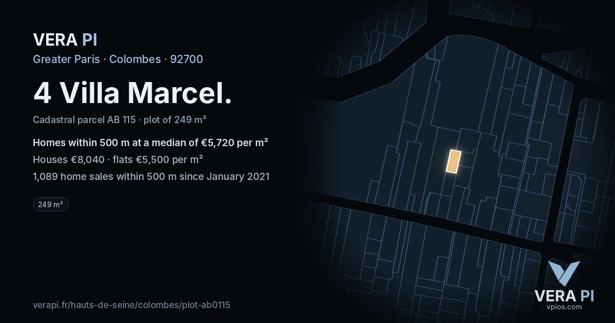 4 Villa Marcel, Colombes at night – the plot lit, the parcels around coloured by the prices near them