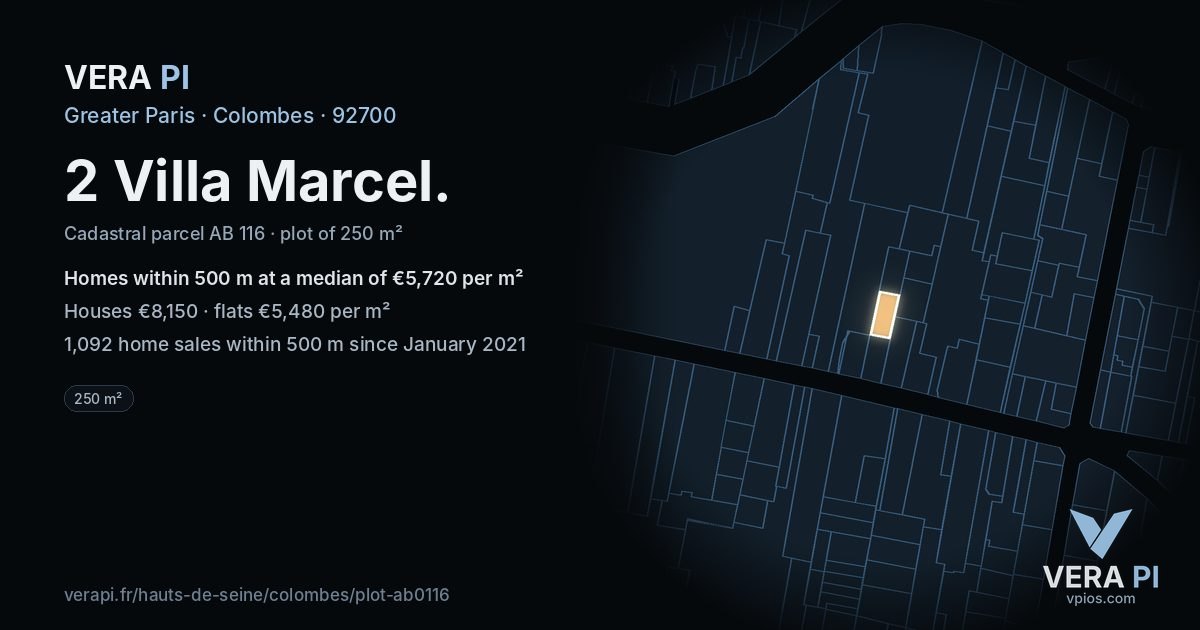 2 Villa Marcel, Colombes at night – the plot lit, the parcels around coloured by the prices near them