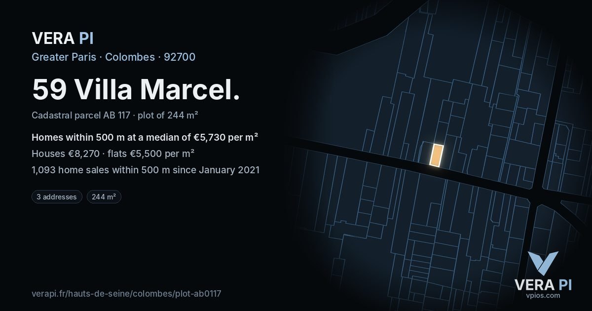59 Villa Marcel, Colombes at night – the plot lit, the parcels around coloured by the prices near them
