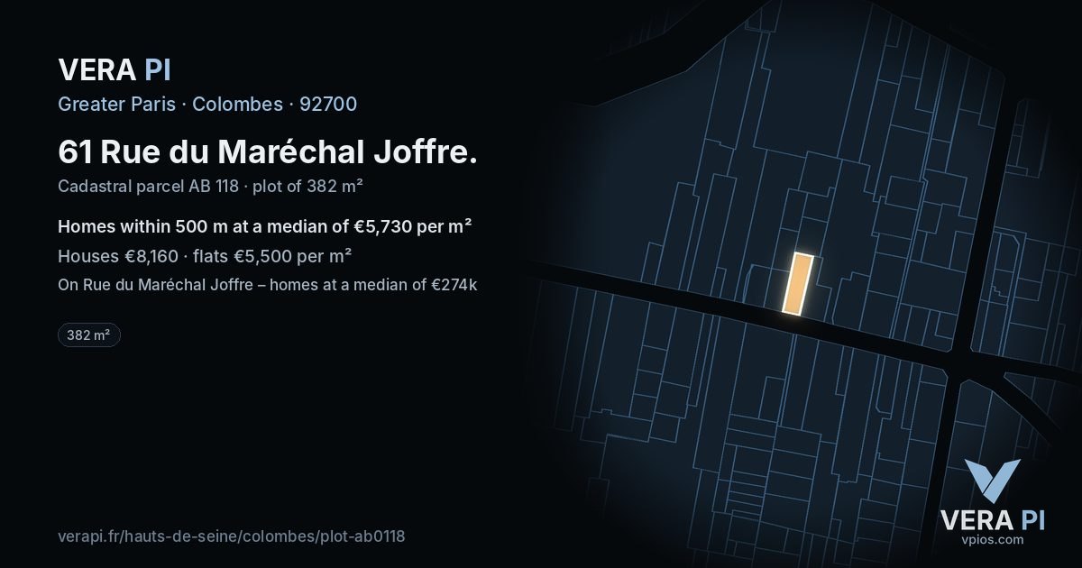 61 Rue du Maréchal Joffre, Colombes at night – the plot lit, the parcels around coloured by the prices near them