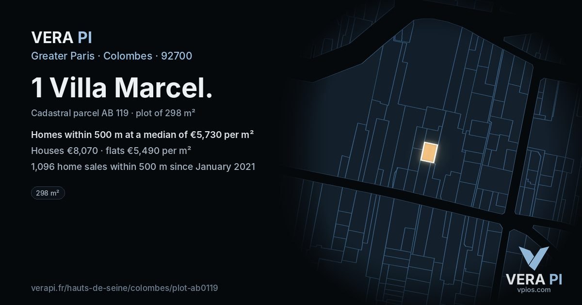 1 Villa Marcel, Colombes at night – the plot lit, the parcels around coloured by the prices near them