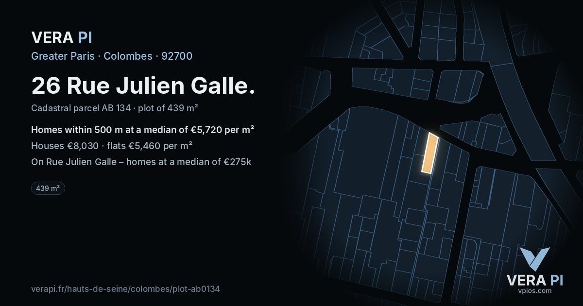 26 Rue Julien Galle, Colombes at night – the plot lit, the parcels around coloured by the prices near them