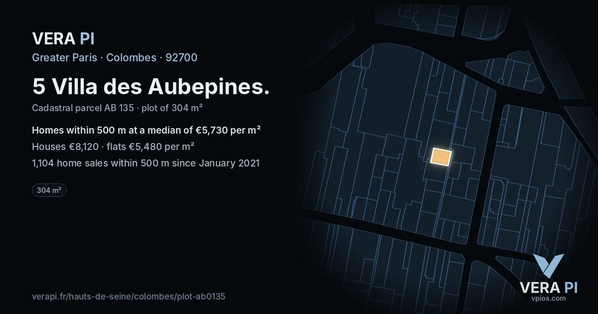 5 Villa des Aubepines, Colombes at night – the plot lit, the parcels around coloured by the prices near them