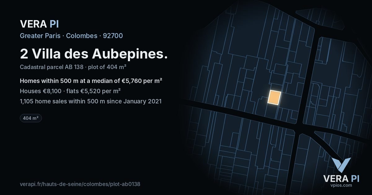 2 Villa des Aubepines, Colombes at night – the plot lit, the parcels around coloured by the prices near them