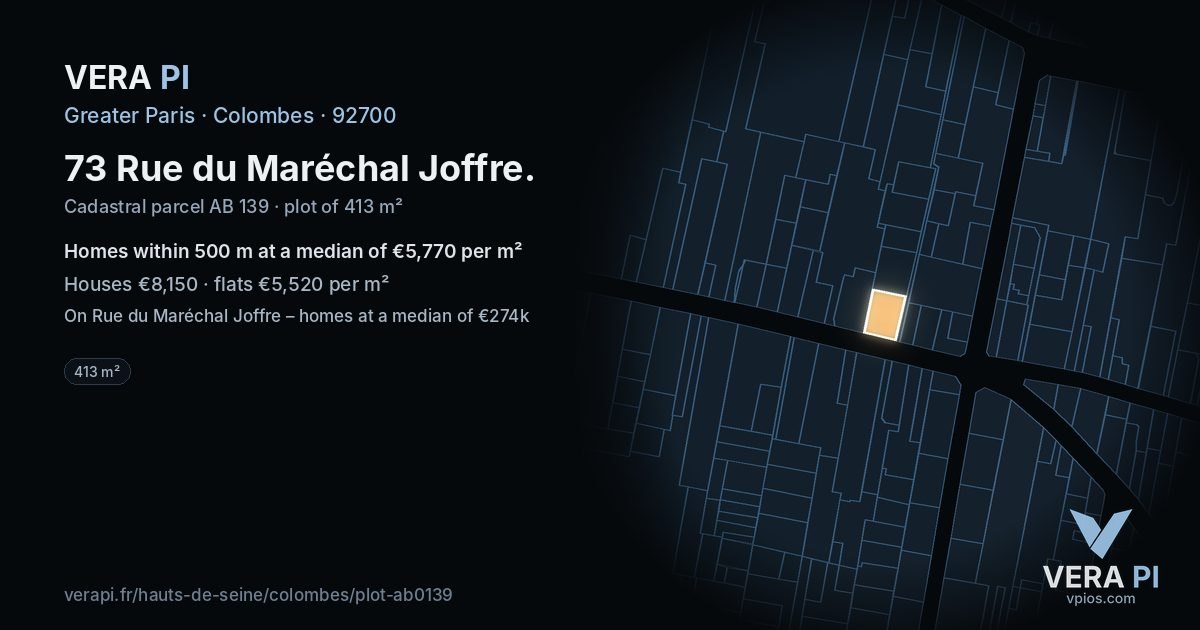 73 Rue du Maréchal Joffre, Colombes at night – the plot lit, the parcels around coloured by the prices near them
