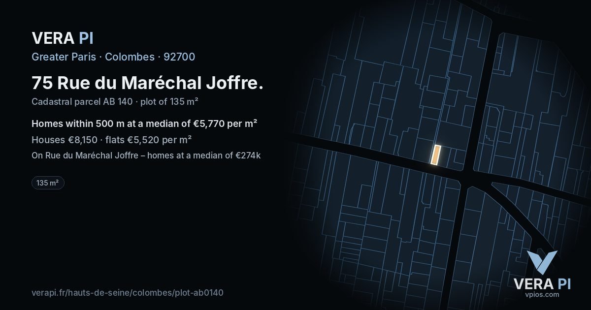 75 Rue du Maréchal Joffre, Colombes at night – the plot lit, the parcels around coloured by the prices near them