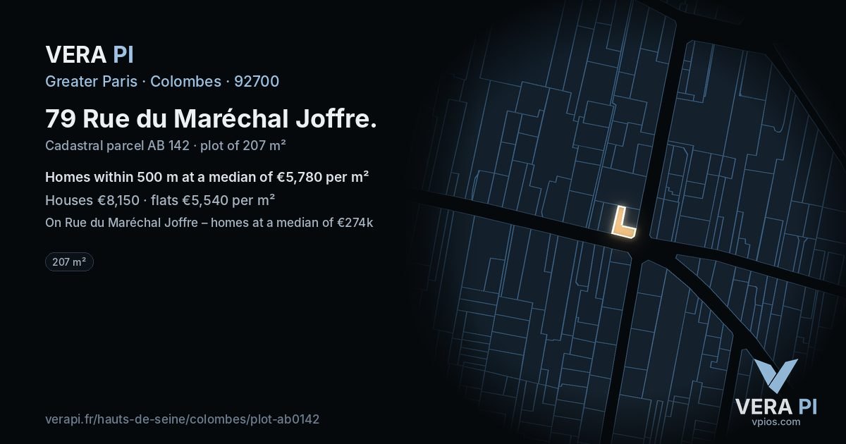 79 Rue du Maréchal Joffre, Colombes at night – the plot lit, the parcels around coloured by the prices near them