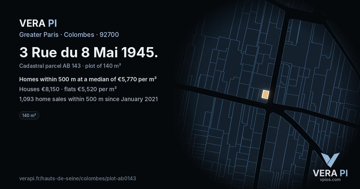 3 Rue du 8 Mai 1945, Colombes at night – the plot lit, the parcels around coloured by the prices near them