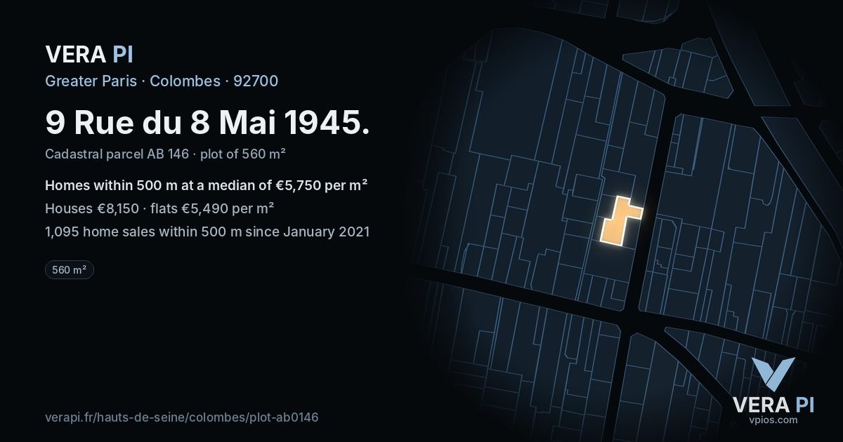 9 Rue du 8 Mai 1945, Colombes at night – the plot lit, the parcels around coloured by the prices near them