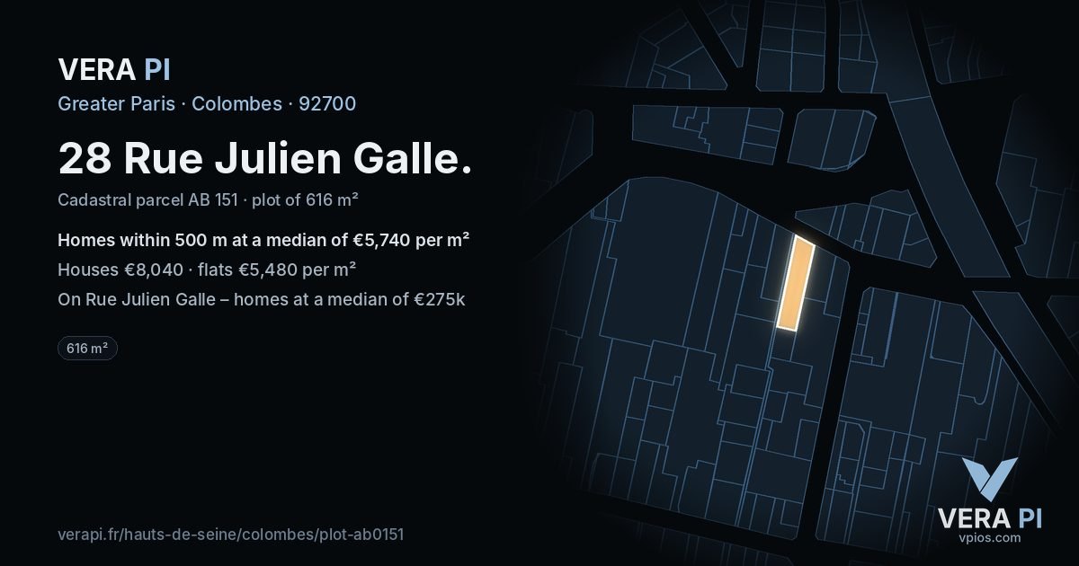 28 Rue Julien Galle, Colombes at night – the plot lit, the parcels around coloured by the prices near them