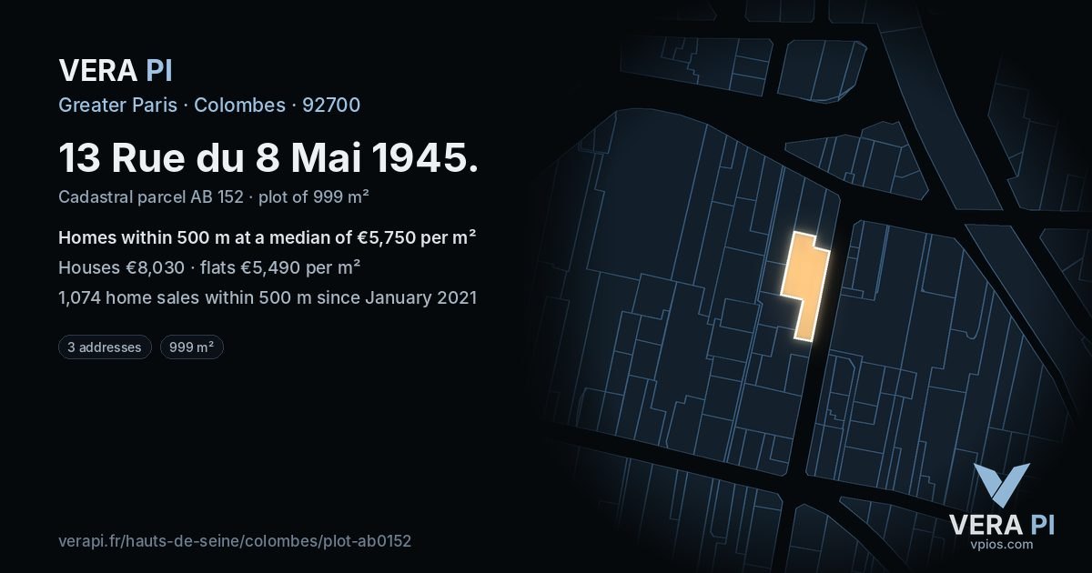 13 Rue du 8 Mai 1945, Colombes at night – the plot lit, the parcels around coloured by the prices near them