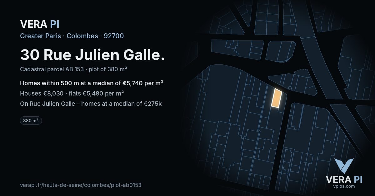 30 Rue Julien Galle, Colombes at night – the plot lit, the parcels around coloured by the prices near them