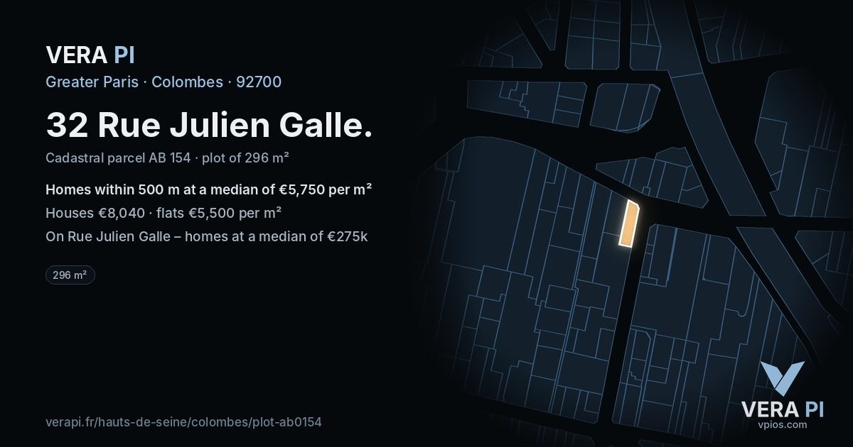 32 Rue Julien Galle, Colombes at night – the plot lit, the parcels around coloured by the prices near them
