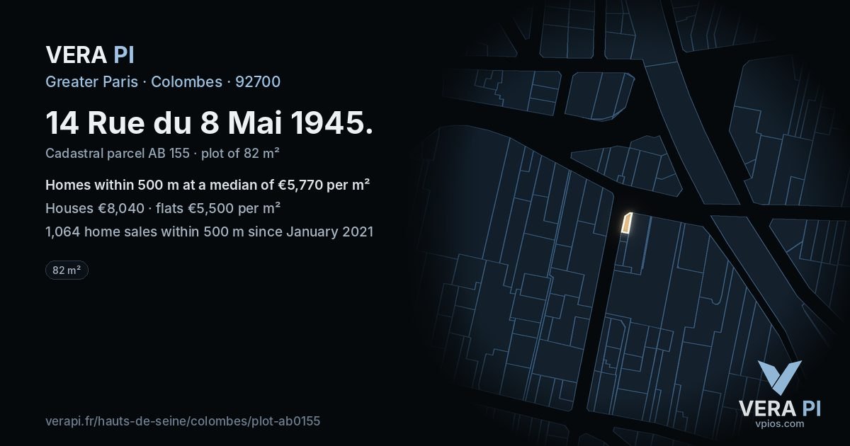14 Rue du 8 Mai 1945, Colombes at night – the plot lit, the parcels around coloured by the prices near them