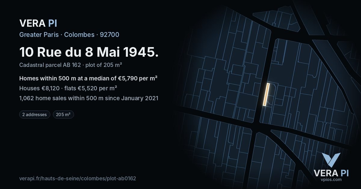 10 Rue du 8 Mai 1945, Colombes at night – the plot lit, the parcels around coloured by the prices near them