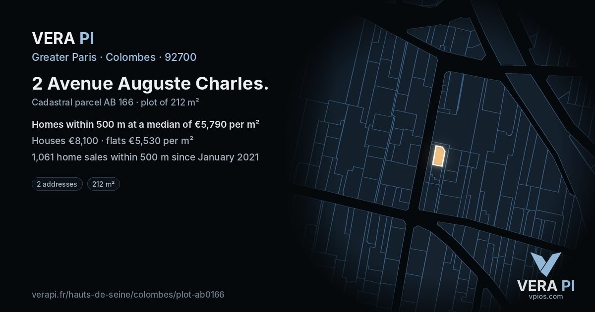 2 Avenue Auguste Charles, Colombes at night – the plot lit, the parcels around coloured by the prices near them