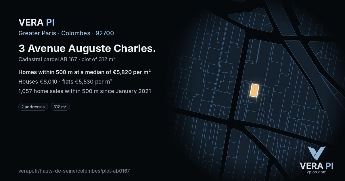 3 Avenue Auguste Charles, Colombes at night – the plot lit, the parcels around coloured by the prices near them