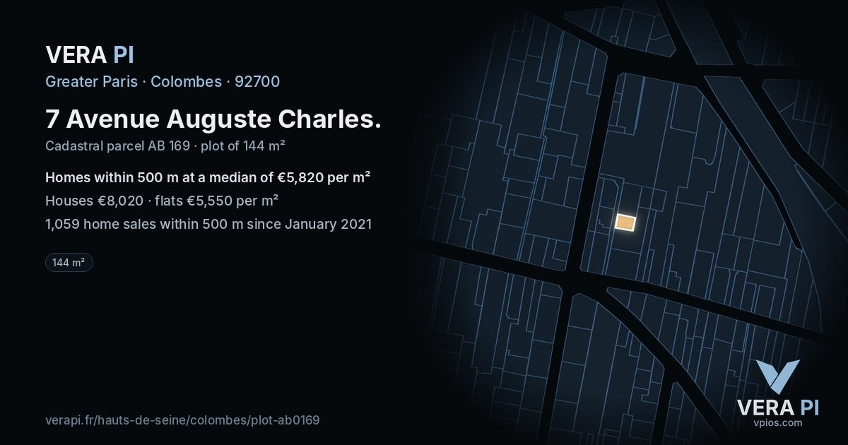 7 Avenue Auguste Charles, Colombes at night – the plot lit, the parcels around coloured by the prices near them