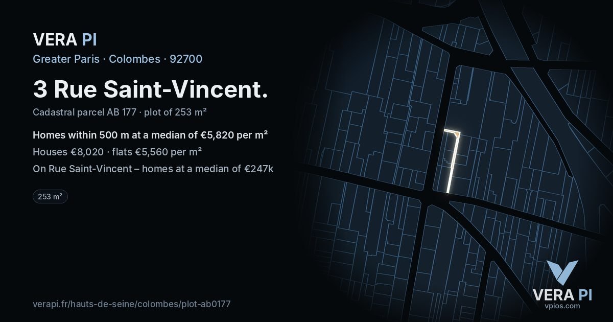 3 Rue Saint-Vincent, Colombes at night – the plot lit, the parcels around coloured by the prices near them