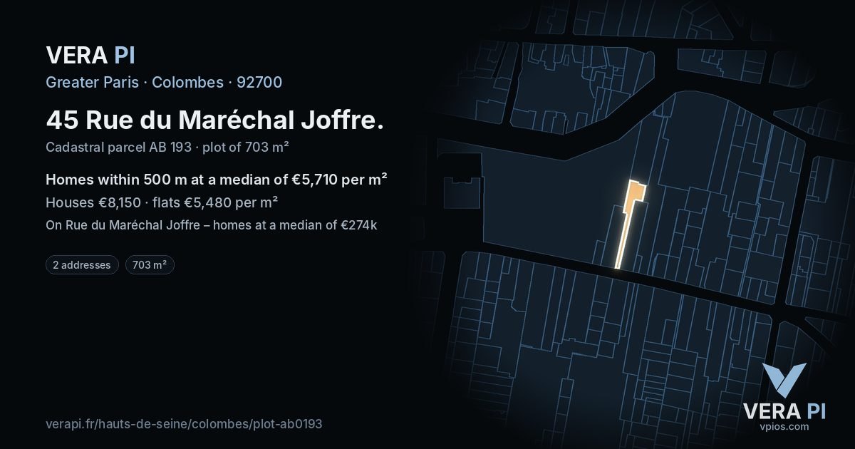 45 Rue du Maréchal Joffre, Colombes at night – the plot lit, the parcels around coloured by the prices near them