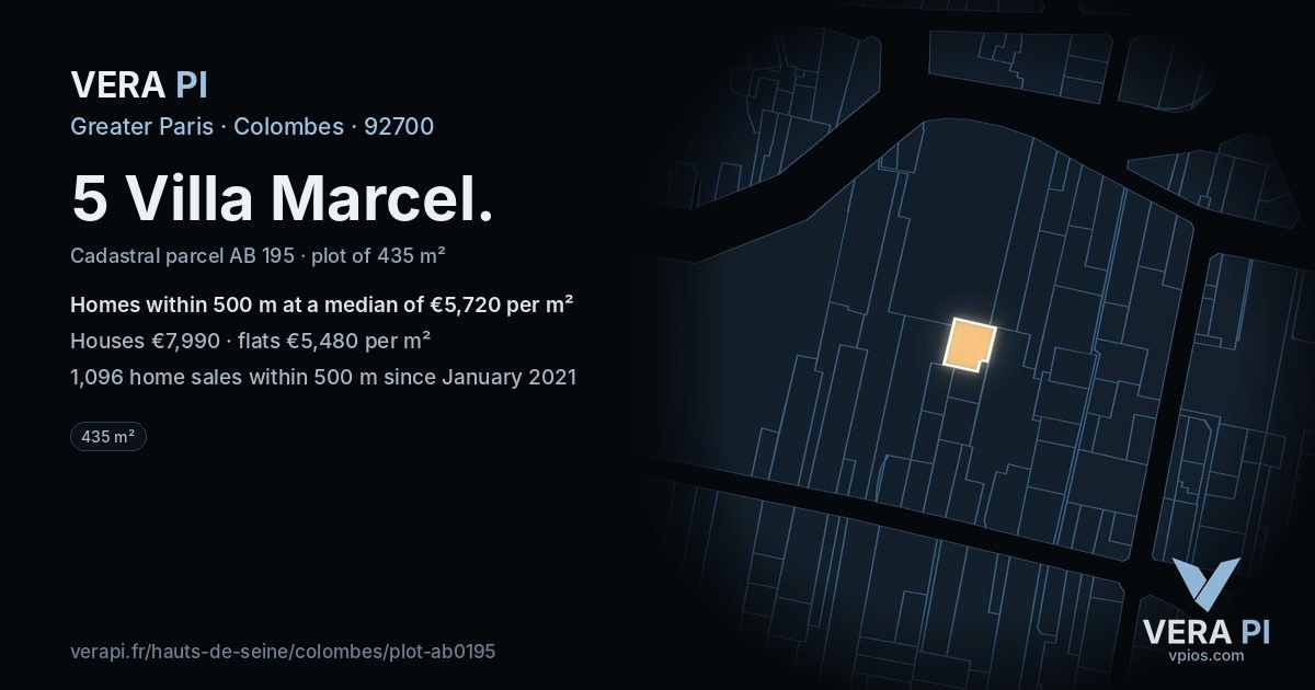 5 Villa Marcel, Colombes at night – the plot lit, the parcels around coloured by the prices near them