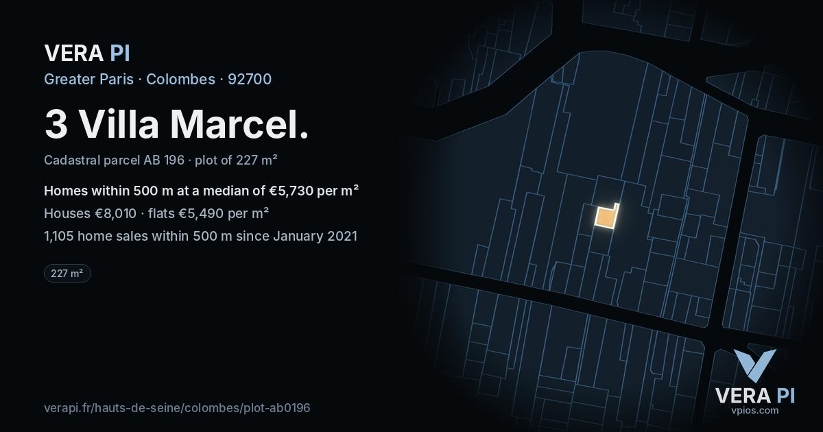 3 Villa Marcel, Colombes at night – the plot lit, the parcels around coloured by the prices near them