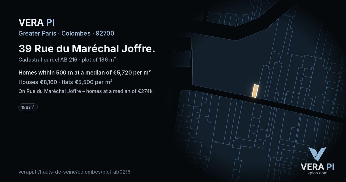 39 Rue du Maréchal Joffre, Colombes at night – the plot lit, the parcels around coloured by the prices near them