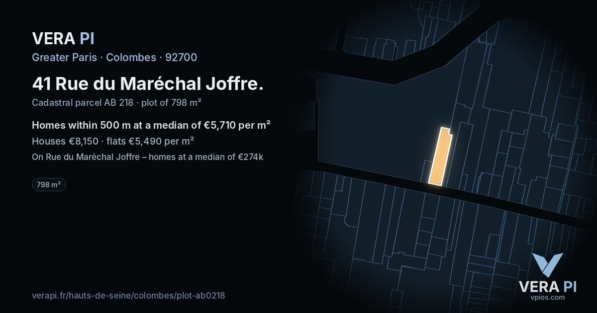 41 Rue du Maréchal Joffre, Colombes at night – the plot lit, the parcels around coloured by the prices near them