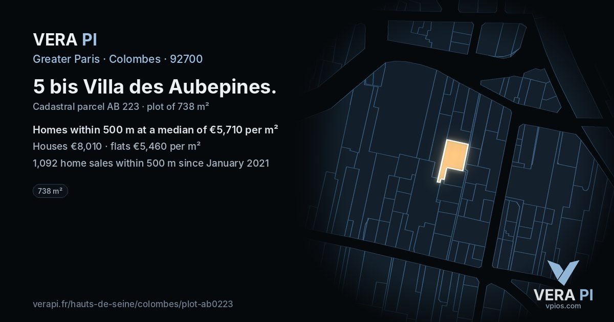 5 bis Villa des Aubepines, Colombes at night – the plot lit, the parcels around coloured by the prices near them
