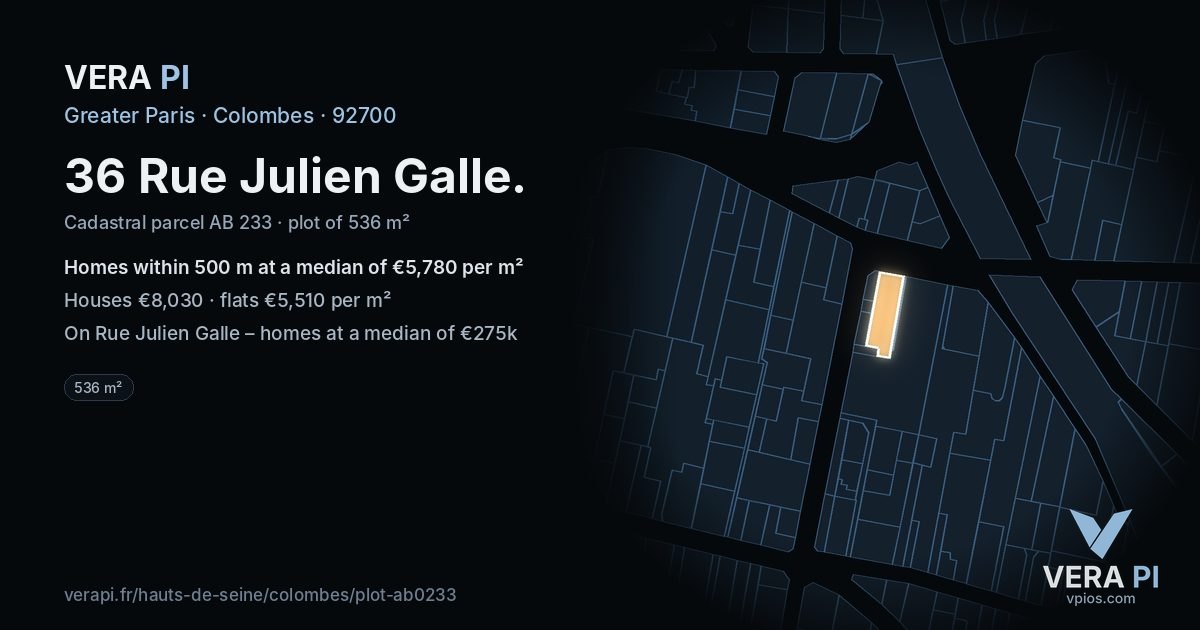 36 Rue Julien Galle, Colombes at night – the plot lit, the parcels around coloured by the prices near them