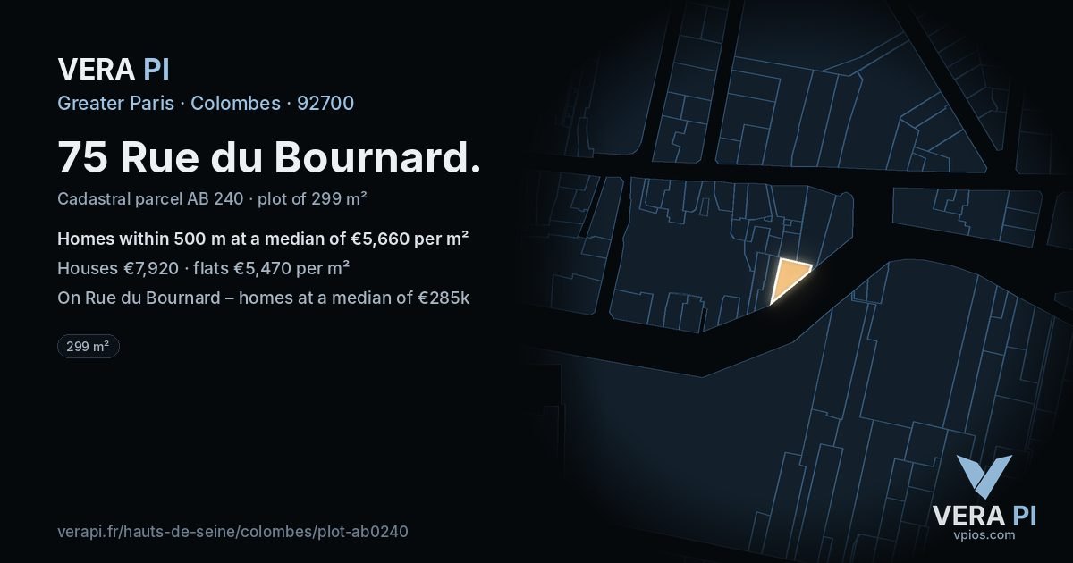 75 Rue du Bournard, Colombes at night – the plot lit, the parcels around coloured by the prices near them