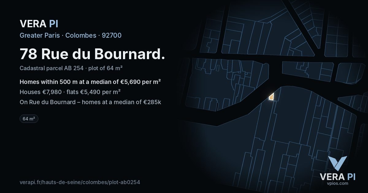 78 Rue du Bournard, Colombes at night – the plot lit, the parcels around coloured by the prices near them