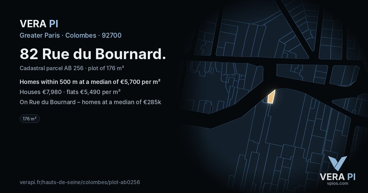 82 Rue du Bournard, Colombes at night – the plot lit, the parcels around coloured by the prices near them