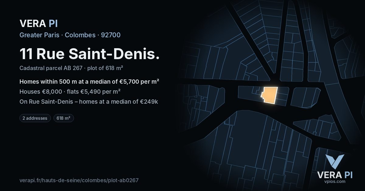11 Rue Saint-Denis, Colombes at night – the plot lit, the parcels around coloured by the prices near them