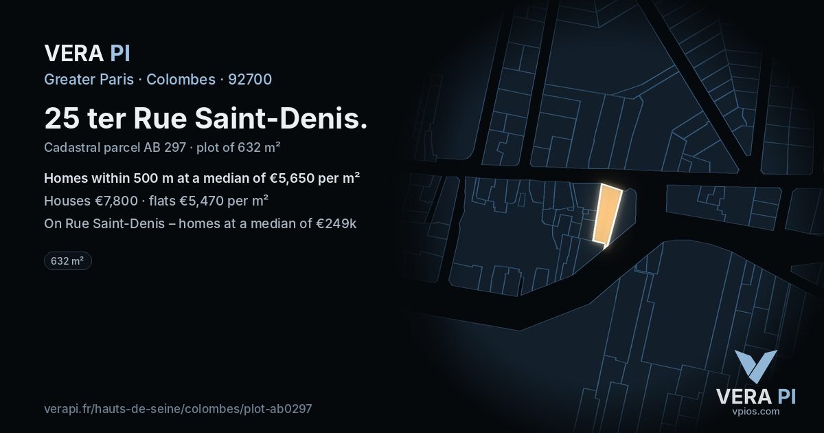 25 ter Rue Saint-Denis, Colombes at night – the plot lit, the parcels around coloured by the prices near them