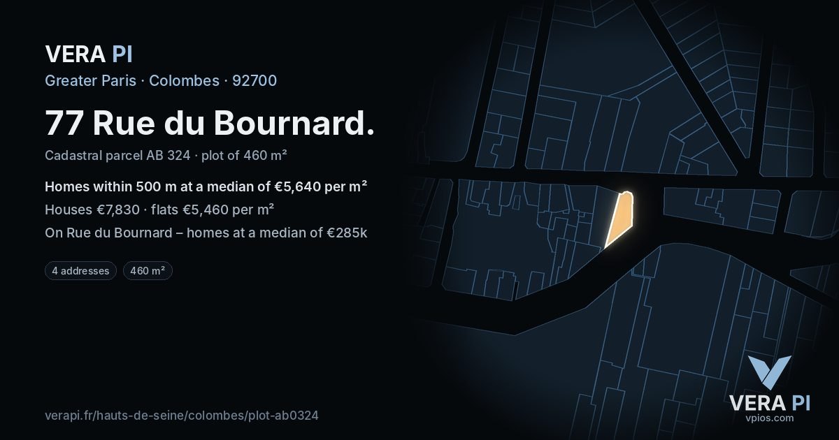 77 Rue du Bournard, Colombes at night – the plot lit, the parcels around coloured by the prices near them