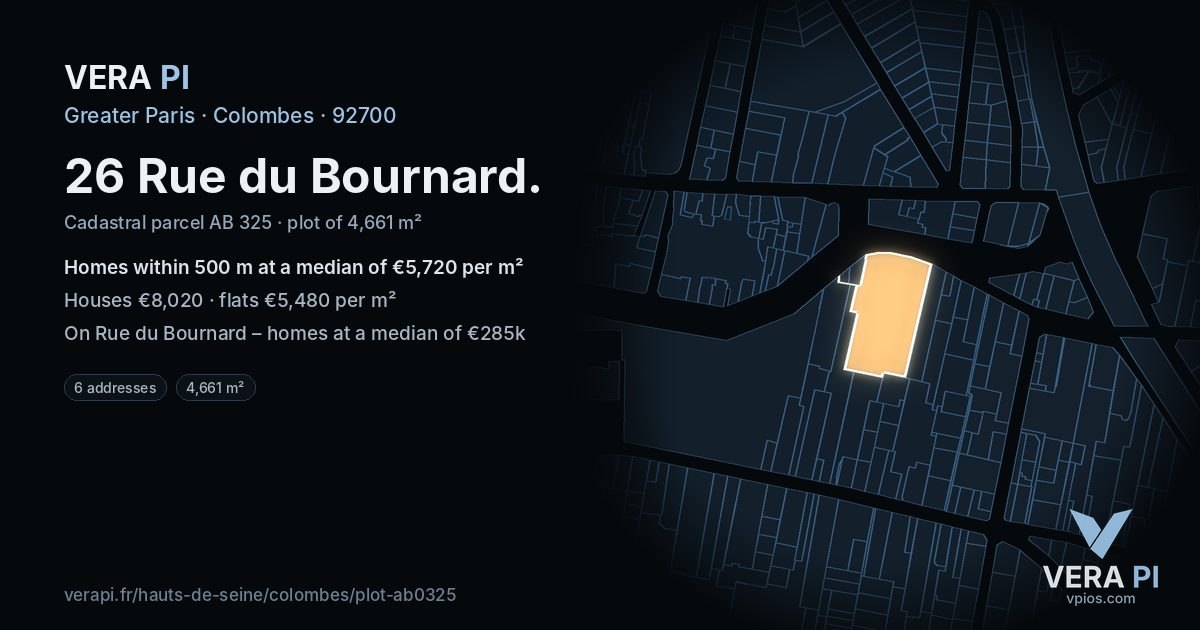 26 Rue du Bournard, Colombes at night – the plot lit, the parcels around coloured by the prices near them