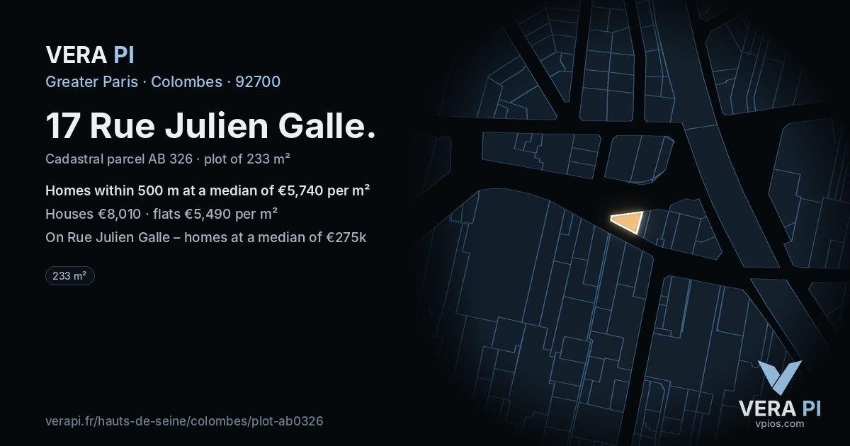 17 Rue Julien Galle, Colombes at night – the plot lit, the parcels around coloured by the prices near them