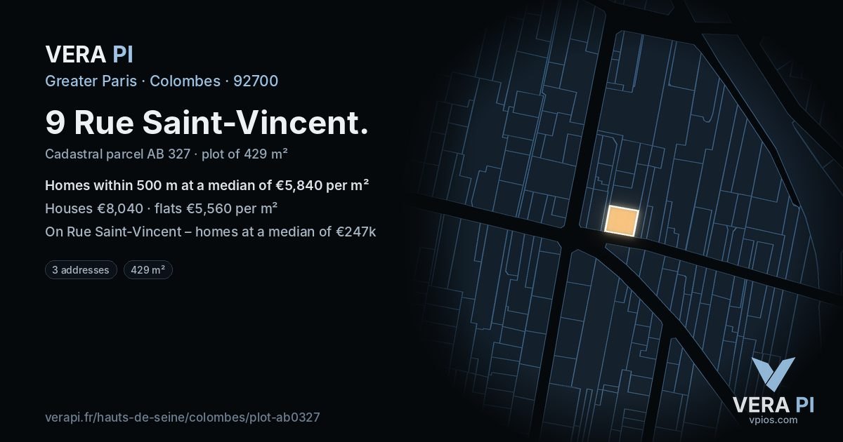 9 Rue Saint-Vincent, Colombes at night – the plot lit, the parcels around coloured by the prices near them