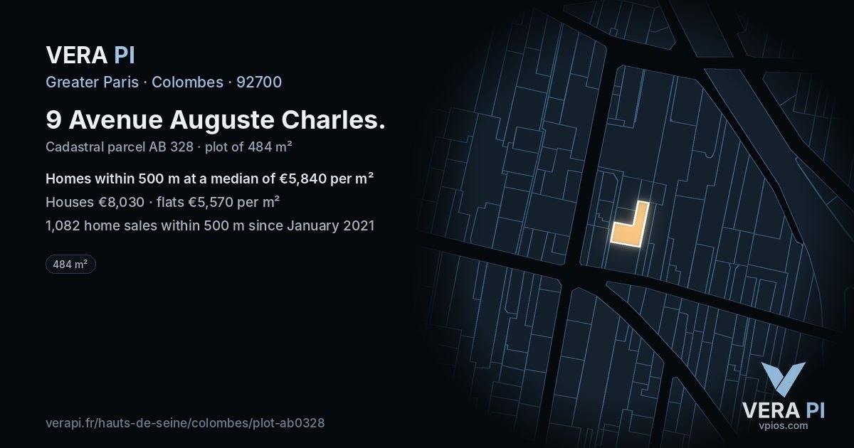 9 Avenue Auguste Charles, Colombes at night – the plot lit, the parcels around coloured by the prices near them