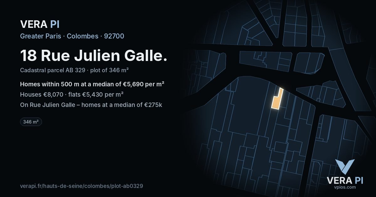 18 Rue Julien Galle, Colombes at night – the plot lit, the parcels around coloured by the prices near them