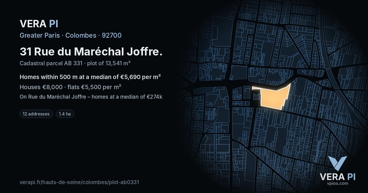 31 Rue du Maréchal Joffre, Colombes at night – the plot lit, the parcels around coloured by the prices near them